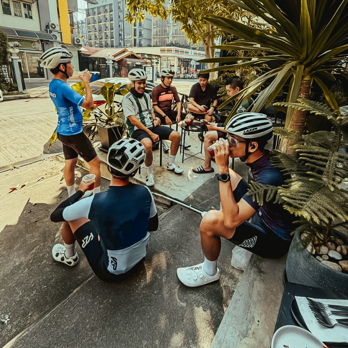 Crew chatting curbside