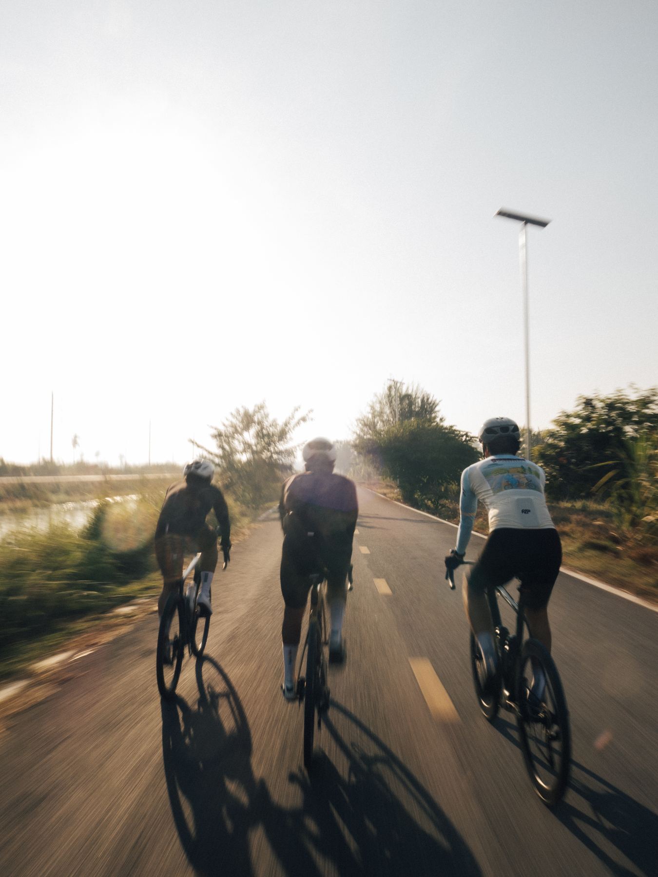 Three riders in golden backlight